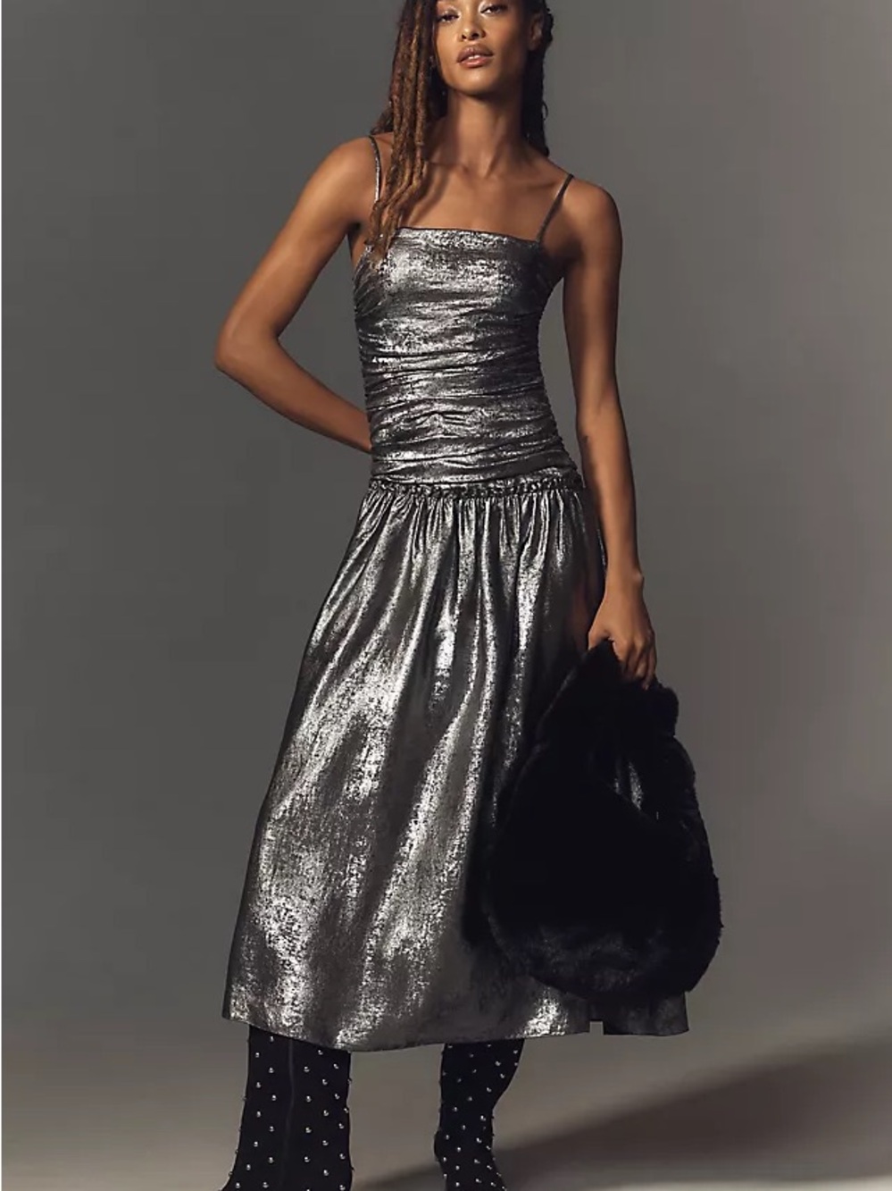 Anthropologie Metallic Silver Spaghetti-Strap Dress